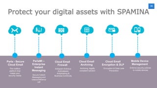 16
Protect your digital assets with SPAMINA
Parla - Secure
Cloud Email
The mailbox
platform that
meets your
security needs
Mobile Device
Management
Enforce security policies
to mobile devices
Cloud Email
Encryption & DLP
Encryption & Data Leak
Prevention
Cloud Email
Archiving
Archiving, legally
compliant solution
ParlaMI –
Enterprise
Instant
Messaging
Cloud Email
Firewall
Secure Instant
Messaging and
videoconference
call
Antispam Antivirus
Antimalware
Antiphishing &
Business Continuity
 