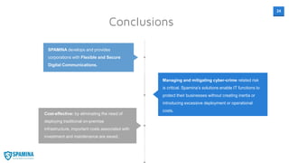 24
Conclusions
SPAMINA develops and provides
corporations with Flexible and Secure
Digital Communications.
Managing and mitigating cyber-crime related risk
is critical. Spamina’s solutions enable IT functions to
protect their businesses without creating inertia or
introducing excessive deployment or operational
costs.
Cost-effective: by eliminating the need of
deploying traditional on-premise
infrastructure, important costs associated with
investment and maintenance are saved.
 