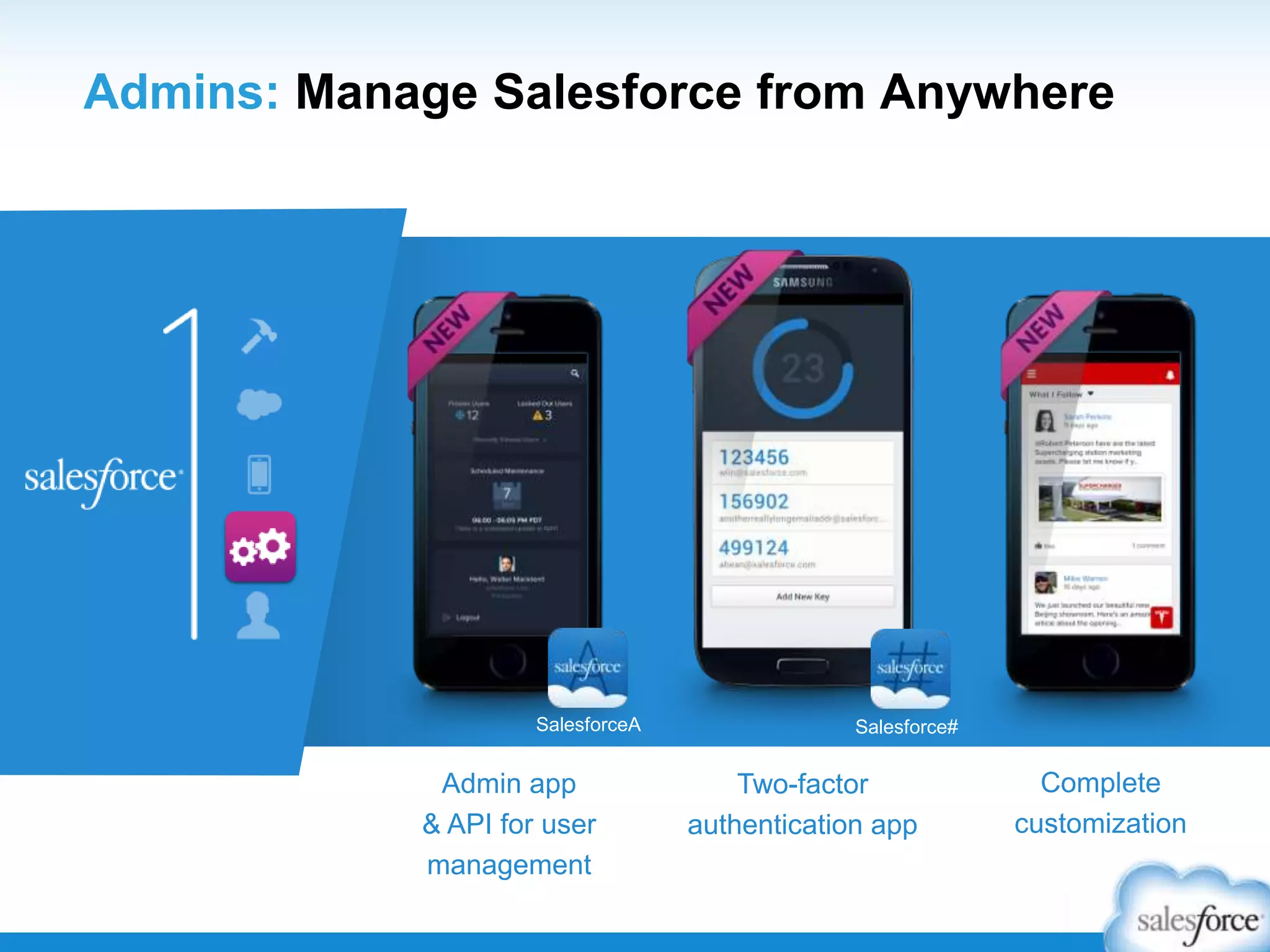 Admins: Manage Salesforce from Anywhere
Admin app
& API for user
management
SalesforceA Salesforce#
Two-factor
authentication app
Complete
customization
 
