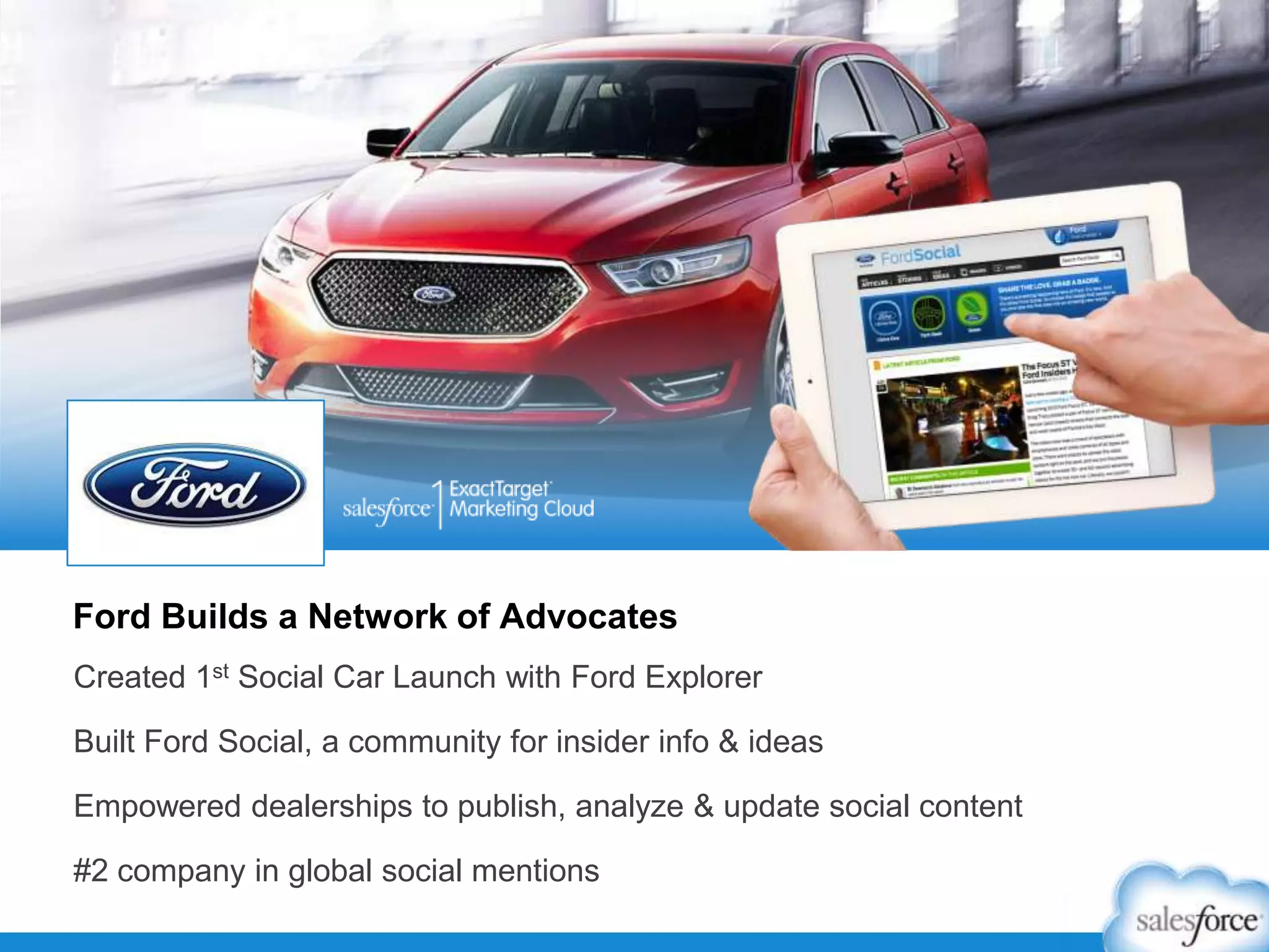 Ford Builds a Network of Advocates
Created 1st Social Car Launch with Ford Explorer
Built Ford Social, a community for insider info & ideas
Empowered dealerships to publish, analyze & update social content
#2 company in global social mentions
 