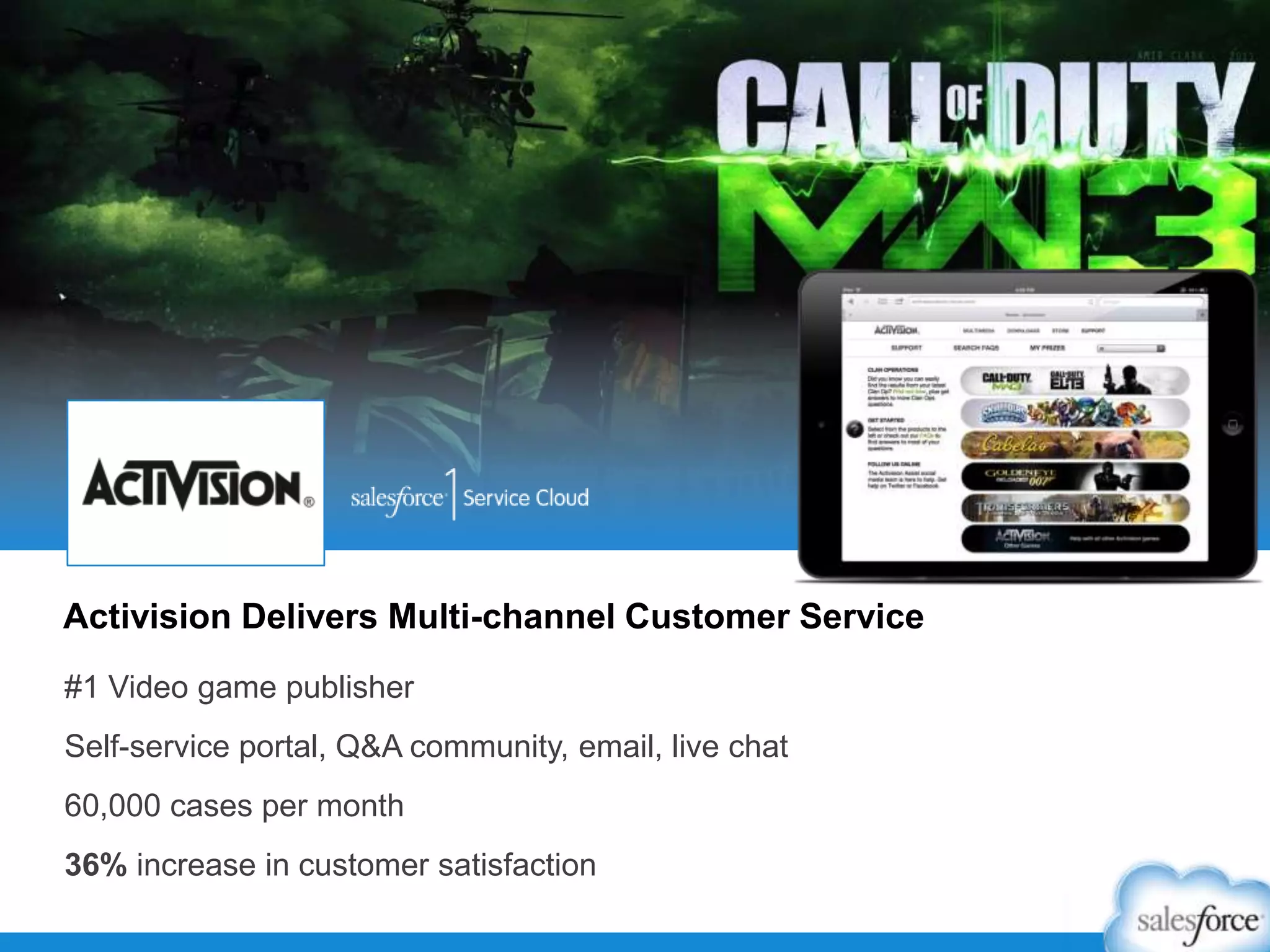 Activision Delivers Multi-channel Customer Service
#1 Video game publisher
Self-service portal, Q&A community, email, live chat
60,000 cases per month
36% increase in customer satisfaction
 