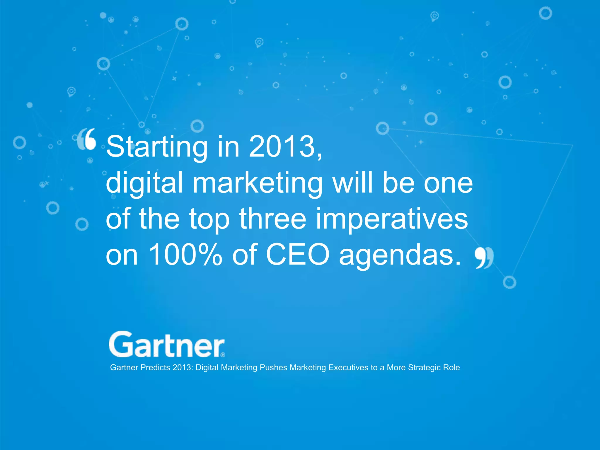 Starting in 2013,
digital marketing will be one
of the top three imperatives
on 100% of CEO agendas.
Gartner Predicts 2013: Digital Marketing Pushes Marketing Executives to a More Strategic Role
 