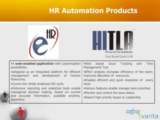 HR Automation Products Web based Issue Tracking and Time Management Tool  Effort analysis increases efficiency of the team; improves allocation of  resources.  Enables efficient and quick resolution of  every issue Various features enable manage team priorities Monitor and control the issue status Report high priority issues to Leadership  A  web-enabled application  with customization possibilities.  designed as an integrated platform for efficient management and development of Human Resources. Covers the whole employee life cycle.  Extensive reporting and analytical tools enable managerial decision making, based on current and accurate information, available anytime, anywhere. 