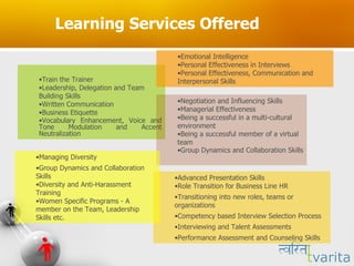 Learning Services Offered Train the Trainer Leadership, Delegation and Team Building Skills Written Communication Business Etiquette Vocabulary Enhancement, Voice and Tone Modulation and Accent Neutralization Emotional Intelligence Personal Effectiveness in Interviews Personal Effectiveness, Communication and Interpersonal Skills Negotiation and Influencing Skills  Managerial Effectiveness Being a successful in a multi-cultural environment Being a successful member of a virtual team Group Dynamics and Collaboration Skills Advanced Presentation Skills Role Transition for Business Line HR Transitioning into new roles, teams or organizations Competency based Interview Selection Process Interviewing and Talent Assessments Performance Assessment and Counseling Skills Managing Diversity Group Dynamics and Collaboration Skills Diversity and Anti-Harassment Training Women Specific Programs - A member on the Team, Leadership Skills etc. 