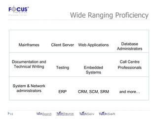 Wide Ranging Proficiency Mainframes Client Server Web Applications Database Administrators Documentation and Technical Writing Testing Embedded Systems Call Centre Professionals System & Network administrators ERP CRM, SCM, SRM and more… 