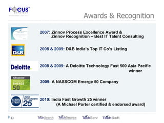 Awards & Recognition 2007:  Zinnov Process Excellence Award & 2008 & 2009:  D&B India’s Top IT Co’s Listing Zinnov Recognition – Best IT Talent Consulting 2008 & 2009:  A Deloitte Technology Fast 500 Asia Pacific    winner 2009:  A NASSCOM Emerge 50 Company 2010:  India Fast Growth 25 winner  (A Michael Porter certified & endorsed award) 