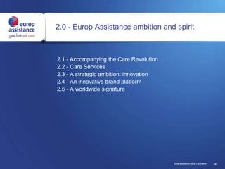 22
2.0 - Europ Assistance ambition and spirit
2.1 - Accompanying the Care Revolution
2.2 - Care Services
2.3 - A strategic ambition: innovation
2.4 - An innovative brand platform
2.5 - A worldwide signature
Europ Assistance Group I 2013-2014
 