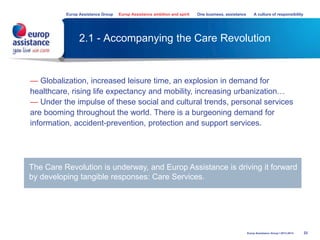 2.1 - Accompanying the Care Revolution
23
— Globalization, increased leisure time, an explosion in demand for
healthcare, rising life expectancy and mobility, increasing urbanization…
— Under the impulse of these social and cultural trends, personal services
are booming throughout the world. There is a burgeoning demand for
information, accident-prevention, protection and support services.
The Care Revolution is underway, and Europ Assistance is driving it forward
by developing tangible responses: Care Services.
Europ Assistance Group Europ Assistance ambition and spirit One business, assistance A culture of responsibility
Europ Assistance Group I 2013-2014
 