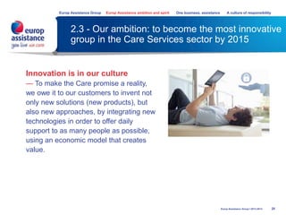 2.3 - Our ambition: to become the most innovative
group in the Care Services sector by 2015
25
Europ Assistance Group Europ Assistance ambition and spirit One business, assistance A culture of responsibility
Europ Assistance Group I 2013-2014
Innovation is in our culture
— To make the Care promise a reality,
we owe it to our customers to invent not
only new solutions (new products), but
also new approaches, by integrating new
technologies in order to offer daily
support to as many people as possible,
using an economic model that creates
value.
 
