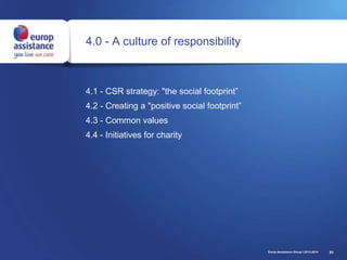 51
4.0 - A culture of responsibility
4.1 - CSR strategy: "the social footprint”
4.2 - Creating a "positive social footprint”
4.3 - Common values
4.4 - Initiatives for charity
Europ Assistance Group I 2013-2014
 