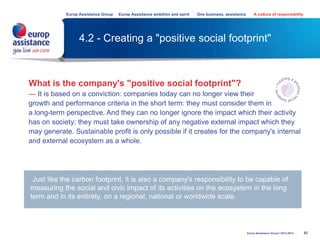 4.2 - Creating a "positive social footprint"
53Europ Assistance Group I 2013-2014
What is the company's "positive social footprint"?
— It is based on a conviction: companies today can no longer view their
growth and performance criteria in the short term: they must consider them in
a long-term perspective. And they can no longer ignore the impact which their activity
has on society: they must take ownership of any negative external impact which they
may generate. Sustainable profit is only possible if it creates for the company's internal
and external ecosystem as a whole.
Just like the carbon footprint, it is also a company's responsibility to be capable of
measuring the social and civic impact of its activities on the ecosystem in the long
term and in its entirety, on a regional, national or worldwide scale.
Europ Assistance Group Europ Assistance ambition and spirit One business, assistance A culture of responsibility
 