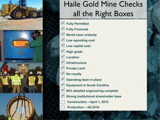 Haile Gold Mine Checks
all the Right Boxes
ü Fully Permitted
ü Fully Financed
ü World class orebody
ü Low operating cost
ü Low capital cost
ü High grade
ü Location
ü Infrastructure
ü Private Land
ü No royalty
ü Operating team in place
ü Equipment in South Carolina
ü 88% detailed engineering complete
ü Strong institutional shareholder base
Construction – April 1, 2015
Production – 4Q 2016
3	
  
 