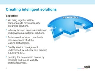 Creating intelligent solutions
Expertise
• We bring together all the
     components to form successful
     integrated solutions.
• Industry focused experts experienced
     and developing customer solutions.
• Professional services consultants
     with experience of all the
     leading technologies.
• Quality service management
     underpinned by industry best practice
     e.g. ITILv3, ISO.
• Keeping the customer in control by
     providing end to end visibility
     and management.

23
 