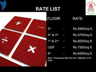 RATE LIST FLOOR   RATE 5 th -  Rs.5500/sq.ft. 4 th  & 3 rd   -  Rs.5750/sq.ft. 1 st  & 2 nd   -  Rs.6000/sq.ft. UGF -  Rs.7500/sq.ft. 6 th  - Rs.6500/sq.ft. Note: Possession able Unit min. 1000sq.ft. on 6 th   Floor 
