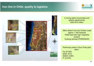 Iron Ore in Chile: quality & logistics



                                            4 mining rights (2 purchase and
                                                 options agreements)
                                                   USD 44.5 million
                Patrícia


               Bella
                                          50km distant from the Chilean coast
                                                approx 1,760 hectares
                                            Pellet feed with high magnetite
                                                         content
    Fortuna-                                Existing railroad (FERRONOR)
    Fierro




                                           Preliminary tests in Ouro Preto pilot
                                                          plant:
                                         - Fe: 67,50%
       Teatino                           - SiO2: 2,5%
       s
                                         - Al2O3: 0,85%
                                         - P: 0,015%
                                                                               23
 