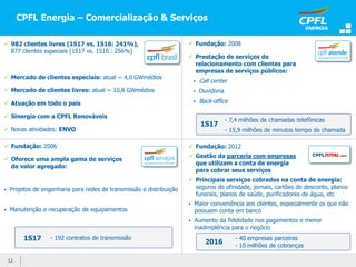  982 clientes livres (1S17 vs. 1S16: 241%), sendo
877 clientes especiais (1S17 vs. 1S16 : 256%)
 Mercado de clientes especiais: atual ~ 4,0 GWmédios
 Mercado de clientes livres: atual ~ 10,8 GWmédios
 Atuação em todo o país
 Sinergia com a CPFL Renováveis
 Novas atividades: ENVO
 Fundação: 2006
 Oferece uma ampla gama de serviços
de valor agregado:
 Projetos de engenharia para redes de transmissão e distribuição
 Manutenção e recuperação de equipamentos
CPFL Energia – Comercialização & Serviços
12
1S17 - 192 contratos de transmissão
 Fundação: 2012
 Gestão da parceria com empresas
que utilizam a conta de energia
para cobrar seus serviços
 Principais serviços cobrados na conta de energia:
seguros de afinidade, jornais, cartões de desconto, planos
funerais, planos de saúde, purificadores de água, etc
 Maior conveniência aos clientes, especialmente os que não
possuem conta em banco
 Aumento da fidelidade nos pagamentos e menor
inadimplência para o negócio
2016
- 40 empresas parceiras
- 10 milhões de cobranças
 Fundação: 2008
 Prestação de serviços de
relacionamento com clientes para
empresas de serviços públicos:
 Call center
 Ouvidoria
 Back-office
1S17
- 7,4 milhões de chamadas telefônicas
- 15,9 milhões de minutos tempo de chamada
 