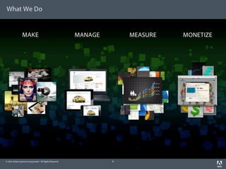 What We Do


                 MAKE                                     MANAGE       MEASURE   MONETIZE




© 2012 Adobe Systems Incorporated. All Rights Reserved.            6
 