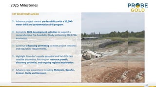 13
KEY MILESTONES AHEAD
▷ Advance project toward pre-feasibility with a 50,000-
meter infill and condemnation drill program.
▷ Complete 2025 development activities to support a
comprehensive Pre-Feasibility Study, enhancing 2024 PEA
economics.
▷ Continue advancing permitting to meet project timelines
and regulatory requirements.
▷ Highlight Novador's upside potential and Val-d’Or East
satellite properties, focusing on resource growth,
discovery potential, and ongoing regional exploration.
▷ Advance new acquisitions including McKenzie, Beaufor,
Croinor, Stella and Bermont.
2025 Milestones
 