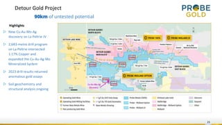 Detour Gold Project
23
90km of untested potential
Highlights
▷ New Cu-Au-Mo-Ag
discovery on La Peltrie JV
▷ 2,683-metre drill program
on La Peltrie intersected
1.17% Copper and
expanded the Cu-Au-Ag-Mo
Mineralized System
▷ 2023 drill results returned
anomalous gold assays
▷ Soil geochemistry and
structural analysis ongoing
 