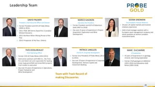 Leadership Team
24
DAVID PALMER
President, Chief Executive Officer and Director
MARCO GAGNON
Executive Vice President
PATRICK LANGLOIS
CFO & VP, Corporate Development
▷ Former President and CEO of Adventure
Gold (2007 to 2016)
▷ Has over 25 years of experience in Project
Acquisition, Exploration and Mine
Development
▷ Former President and CEO of Probe Mines
(2003 to 2015)
▷ 2015: PDAC Bill Dennis Award for a Canadian
Mineral Discovery
▷ 2015: Northern Miner Mining Person of the
Year
▷ 2014: Prospector of the Year, Ontario
▷ Former Vice President of Probe Mines (2012
to 2015)
▷ Has over 20 years of experience in Corporate
Development, Venture Capital and
Investment Banking
YVES DESSUREAULT
Chief Operating Officer
▷ Former COO of Probe Mines (2014-2015)
▷ Held senior positions with BBA Inc., Rio Tinto
PLC and Hatch Ltd. and responsible for leading
many large greenfield and brownfield projects,
from studies to execution
▷ Has over 25 years of experience in Operations,
Project Evaluation and
Mine Development
SEEMA SINDWANI
Vice President, Investor Relations
▷ 20 years of capital markets and investor
relations experience
▷ Held a fund manager position with a
European asset management company and
senior positions at several Canadian
investment banks
Team with Track Record of
making Discoveries
MARC DUCHARME
VP Exploration
▷ 35 years of experience in in geology,
mineral, and mining exploration
▷ Former Chief geologist at IAMGOLD
(2022-2024) and Wesdome Gold
Mines (2005-2018)
 