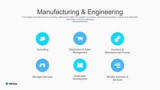 Manufacturing & Engineering
From digital manufacturing to promoting collaboration within the supplier ecosystem, manufacturing leaders choose us to help them
work better and work differently
Consulting
Application
Development
Distribution & Sales
Management
Inventory &
Manufacturing Process
Manages Services Mobility Solutions &
Services
 