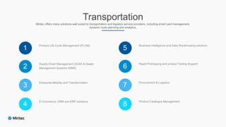 Transportation
Miritec offers many solutions well suited to transportation and logistics service providers, including smart yard management,
dynamic route planning and analytics.
1
Product Life Cycle Management (PLCM)
2
Supply Chain Management (SCM) & Dealer
Management Systems (DMS)
3
Enterprise Mobility and Transformation
4
E-Commerce, CRM and ERP solutions
5
Business Intelligence and Data Warehousing solutions
6
Rapid Prototyping and product Testing Support
7
Procurement & Logistics
8
Product Catalogue Management
 