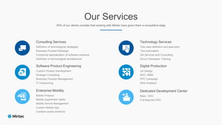 Our Services
93% of our clients consider that working with Miritec have given them a competitive edge
Consulting Services
Definition of technological strategies
Business Process Redesign
Functional specialization of software solutions
Definition of technological architectures
Enterprise Mobility
Mobile Finance
Mobile augmented reality
Mobile Device Management
Custom Mobile App
Location-aware solutions
Software Product Engineering
Custom Product Development
Strategic Consulting
Business Process Management
IT Outsourcing
Technology Services
Test case definition and execution
Test automation
QA Services and Consulting
Scrum Developer Training
Digital Production
UX Design
SEO, SMM
PPC Campaign
Web Analytics
Dedicated Development Center
Basic DDC
Full-featured DDC
 