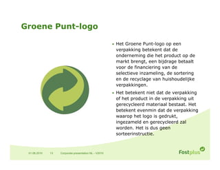 Groene Punt-logo

                                                       • Het Groene Punt-logo op een
                                                        verpakking betekent dat de
                                                        onderneming die het product op de
                                                        markt brengt, een bijdrage betaalt
                                                        voor de financiering van de
                                                        selectieve inzameling, de sortering
                                                        en de recyclage van huishoudelijke
                                                        verpakkingen.
                                                       • Het betekent niet dat de verpakking
                                                        of het product in de verpakking uit
                                                        gerecycleerd materiaal bestaat. Het
                                                        betekent evenmin dat de verpakking
                                                        waarop het logo is gedrukt,
                                                        ingezameld en gerecycleerd zal
                                                        worden. Het is dus geen
                                                        sorteerinstructie.



 01.06.2010   13   Corporate presentation NL - V2010
 