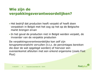 Wie zijn de
verpakkingsverantwoordelijken?

• H t b d ijf d t producten heeft verpakt of heeft doen
  Het bedrijf dat    d t    h ft       kt f h ft d
 verpakken in België met het oog op het op de Belgische
 markt brengen ervan
• In het geval de producten niet in België werden verpakt, de
 invoerder van de verpakte producten
De verpakkingsverantwoordelijke kan zelf zijn
terugnameverplicht vervullen (t.t.z. de percentages bereiken
die door de wet opgelegd worden) of hiervoor een
overeenkomst afsluiten met een erkend organisme (zoals Fost
Plus)



  01.06.2010   9   Corporate presentation NL - V2010
 