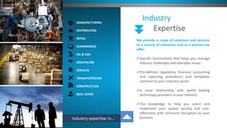 Industry
Expertise
We provide a range of solutions and services
to a variety of industries and as a partner we
offer:
Specific functionality that helps you manage
industry challenges and everyday issues
Pre-defined regulatory, financial accounting
and reporting procedures and templates
common to your industry sector
A close relationship with world leading
technology providers in your industry
The knowledge to help you select and
implement your system quickly and cost-
effectively with minimum disruption to your
business
MANUFACTURING
DISTRIBUTION
RETAIL
ECOMMERECE
OIL & GAS
HEALTHCARE
SERVICES
TRANSPORTATION
CONSTRUCTION
REAL ESTATE
industry expertise in…
 