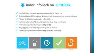 Index InfoTech on
Certified Silver Partner & Value Added Reseller for Epicor ERP
Dedicated Epicor ERP workshop & research lab to explore micro-vertical solutions
7 Epicor Certified Consultants (L1 x 6 and L3 x 1)
Implementations in UAE, KSA, Qatar, India, Hong Kong and Angola
First regional partner to implement Epicor 10
Only regional partner to implement Epicor 10 in cloud
First regional partner to implement Epicor 10 for own usage
 