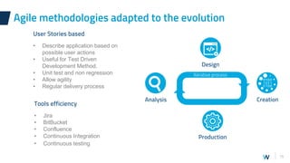 15
Agile methodologies adapted to the evolution
User Stories based
• Describe application based on
possible user actions
• Useful for Test Driven
Development Method.
• Unit test and non regression
• Allow agility
• Regular delivery process
Iterative process
Analysis
Design
Creation
Production
Tools efficiency
• Jira
• BitBucket
• Confluence
• Continuous Integration
• Continuous testing
 