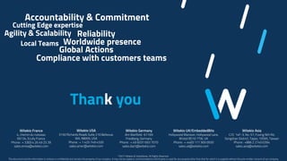 ©2017 Witekio & Subsidiaries. All Rights Reserved.
This document and the information it contains is confidential and remains the property of our company. It may not be copied or communicated to a third party or used for any purpose other than that for which it is supplied without the prior written consent of our company.
Thank you
Witekio France
4, chemin du ruisseau
69134, Ecully France
Phone : + 33(0) 4 26 49 25 39
sales.emea@witekio.com
Witekio USA
3150 Richards Roads Suite 210 Bellevue,
WA, 98005, USA
Phone : + 1 425 749 4335
sales.amer@witekio.com
Witekio Germany
Am Wartfeld- 61169
Friedberg, Germany
Phone : + 49 6031 693 7070
sales.dach@witekio.com
Witekio Asia
C/O 14F-3, No. 57, Fuxing Nth Rd,
Songshan District, Taipei, 10595, Taiwan
Phone : +886 2 2740 0394
sales.asia@witekio.com
Witekio UK/EmbeddedBits
Hollywood Mansion, Hollywood Lane,
Bristol BS10 7TW, UK
Phone : + 44(0) 117 369 0930
sales.uk@witekio.com
Accountability & Commitment
Cutting Edge expertise
Agility & Scalability Reliability
Worldwide presenceLocal Teams
Global Actions
Compliance with customers teams
 