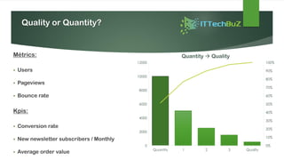 Quality or Quantity?
Métrics:
▪ Users
▪ Pageviews
▪ Bounce rate
Kpis:
▪ Conversion rate
▪ New newsletter subscribers / Monthly
▪ Average order value
 