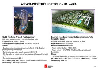 ASEANA PROPERTY PORTFOLIO - MALAYSIA




KLCC Kia Peng Project, Kuala Lumpur                                      Seafront resort and residential development, Kota
200 luxury residences and a 263-room boutique hotel                      Kinabalu, Sabah
Expected GDV: US$197 million                                             Boutique resort hotel, villas and homes on 80 acres
Effective ownership structure: 70% ASPL, 30% ICB                         Expected GDV: US$170 million
Status:                                                                  Effective ownership structure:
-Development order approval received in March 2012. Detailed             -Resort hotel and villas – 100% ASPL
project planning in final stage                                          -Resort homes – 80% ASPL, 20% Global Evergroup (Local
-Construction and sales launch targeted in Q4 2012                       Developer)
-Off-plan sales for residences; off-plan sales and leaseback for hotel   Status:
suites                                                                   -The Board has decided to delay the commencement of this project
-Completion expected in 2016                                             At 31 March 2012: NAV: US$13.10 million; RNAV: US$17.17 million
At 31 March 2012: NAV: US$9.07 million; RNAV: US$9.07 million            Outstanding Debt: Nil
Outstanding Debt: US$20.6 million

                                                                                                                                     (11)
 