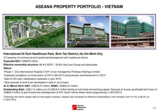 ASEANA PROPERTY PORTFOLIO - VIETNAM

1




International Hi-Tech Healthcare Park, Binh Tan District, Ho Chi Minh City,
37 hectares of commercial and residential development with healthcare theme
Expected GDV: US$670 million
Effective ownership structure: 66.4% ASPL*, 33.6% Hoa Lam Group and associates
Status:
-Phase 1: City International Hospital (“CIH”) to be managed by Parkway Holdings Limited
-Expected completion of construction of CIH in Q4 2012 and business commencement in 2013
-Sale of CIH upon stabilisation expected in year 2016
-Other parcels of land to be developed or sold on as-is basis
At 31 March 2012: NAV: US$18.47 million; RNAV: US$39.37 million
Outstanding Debt: US$11.5 million out of US$18.5 million facility to fund land and working capital. Secured an 8-year syndicated term loan of
US$43.3 million to part finance the development of CIH, which will be drawn down progressively in 2012/2013
* Following the recent capital calls for the project company, Aseana has increased its effective shareholding in the company from 51.0% to 66.4% at
17 April 2012.


                                                                                                                                                      (12)
 