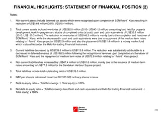 FINANCIAL HIGHLIGHTS: STATEMENT OF FINANCIAL POSITION (2)
Notes:

1.   Non-current assets include deferred tax assets which were recognised upon completion of SENI Mont’ Kiara resulting in
     reduction to US$0.69 million (2010: US$19.4 million).

2.   Total current assets include inventories of US$285.0 million (2010: US$431.5 million) comprising land held for property
     development, work-in-progress and stocks of completed units (at cost); cash and cash equivalents of US$32.6 million
     (2010: US$150.3 million). The reduction in inventories of US$146.5 million is mainly due to the completion and handover of
     SENI Mont’ Kiara, while the decreased in cash and cash equivalents were due to repayment of the medium term notes
     relating to 1 Mont’ Kiara project of US$72.9 million and also the placement if US$21.4 million in a money market fund
     which is classified under the Held-for-trading Financial Instrument.

3.   Current liabilities decreased by US$339.6 million to US$115.8 million. The reduction was substantially attributable to a
     decreased in deferred revenue of US$188.5 million following the recognition of revenue upon completion and handover of
     SENI Mont’ Kiara and the repayment of medium term notes of US$72.9 million relating to 1 Mont’ Kiara project.

4.   Non current liabilities has increased by US$67.4 million to US$91.6 million, mainly due to the issuance of medium term
     notes amounting to US$77.3 million for the Sandakan Harbour Square project.

5.   Total liabilities include total outstanding debt of US$126.0 million.

6.   NAV per share is calculated based on 212,525,000 ordinary shares in issue.

7.   Debt-to-equity ratio = (Total borrowings ÷ Total equity) x 100%

8.   Net debt-to-equity ratio = (Total borrowings less Cash and cash equivalent and Held-for-trading Financial Instrument ÷
     Total equity) x 100%




                                                                                                                                  (19)
 