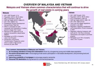 OVERVIEW OF MALAYSIA AND VIETNAM
    Malaysia and Vietnam share common characteristics that will continue to drive
                      the growth of real estate in coming years
Malaysia                                                                                              Vietnam
 2011 GDP Growth: 5.1%                                                                                   2011 GDP Growth: 5.9%
 Population (2010): 28.40 million                                                                        Population (2010): 86.94 million
 66% of population under 35                                                                              67% of population under 35
 GDP per capita (2010): US$8,373                                                                         GDP per capita (2010): US$1,191
 2011 FDI: US$8.31 bn                                                                                    2011 FDI: US$14.70 bn
 Established Housing Development                                                                         Land Law and related regulations
 Act and Strata Titles Act                                                                               enacted in July 2004
 RPGT is exempted for both                                                                               Regulation regarding resettlement
 individuals and corporations if holding                                                                 and compensation of land introduced
 period is longer than 5 years                                                                           in 2007
 Removal of FIC approval for all                                                                         Regulation allowing foreigners with
 property transactions valued below                                                                      work permit, Viet Keus (overseas
 RM20m                                                                                                   Vietnamese) and expats to purchase
 Mortgages up to 95% of property                                                                         property
 value, over 40 years                                                                                    Mortgages up to 70% of property
 Introduction of Economic                                                                                value, over 15 years
 Transformation Programme which
 aims to create a high income
 economy by year 2020


    Four common characteristics of Malaysia and Vietnam:
    1. An increasing standard of living and urbanisation driven by a burgeoning young and middle class population
    2. Pro-active Government role in encouraging private sector participation in real estate development, and promoting land and
       property ownership
    3. Improving availability of mortgages to encourage property ownership
    4. Favoured FDI destination driving demand for commercial properties

                                                                            Source: World Bank Group, IMF, GSO Vietnam, MITI, Company research
                                                                                                                                                 (6)
 