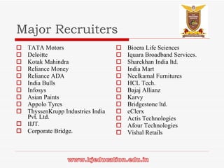 Major Recruiters  TATA Motors Deloitte Kotak Mahindra Reliance Money Reliance ADA India Bulls Infosys Asian Paints  Appolo Tyres ThyssenKrupp Industries India Pvt. Ltd.  IIJT. Corporate Bridge. Bioera Life Sciences Iquara Broadband Services. Sharekhan India ltd. India Mart Neelkamal Furnitures HCL Tech. Bajaj Allianz Karvy Bridgestone ltd. eClerx Actis Technologies Afour Technologies Vishal Retails 