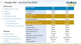 Novador PEA1 – Summary (Feb 2024)*
18
1
Preliminary Economic Assessment, Ausenco Engineering Canada Inc. – February 13, 2024, News Release
(February 2024)1,2
2024
(C$)
2021
(C$)
Pre-Tax NPV (5%) $1,530M $991M
Pre-Tax IRR 34.4% 47.2%
After-Tax NPV (5%) $910M $598M
After-Tax IRR 24.4% 32.8%
Pre-Tax Payback Period 3.5 years 1.8 years
After-Tax Payback Period 4.4 years 2.7 years
Average Annual Gold Production 255,000 oz 207,000 oz
Initial Capital $602M $353M
Sustaining Capital $818M $602M
LOM average cash cost/oz US$841 US$786
LOM Average AISC*/oz US$1038 US$965
Mine Life 12.6 years 12.5 years
Throughput – Mill and Leach (tpd) 15,500 10,000
Mill Grade & Recovery 1.30 g/t & 95.7% 1.88 g/t & 94.7%
Gold Price US$1,750 US$1,500
FX Rate (CDN/US$) $0.74 $0.75
2024 Summary
▷ +250Koz/y production profile
▷ 24.4% IRR
▷ $910MM NPV
▷ 77% in M&I (2021 – 44%)
▷ Ore sorting removed from flowsheet
▷ Require larger mill
▷ No grade enhancement
▷ Mill grade stays at resource grade
Next Steps
▷ Working towards PFS
▷ Advancing permitting process
▷ Continued resource expansion and
conversion
* Based on 2023 Mineral resource estimate
 