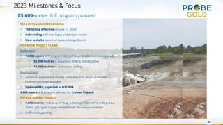 2023 Milestones & Focus
14
TSX LISTING AND REBRANDING
▷ TSX listing effective January 27, 2023
▷ Rebranding with new logos and project names
▷ New website launched (www.probegold.com)
NOVADOR PROJECT PLANS
Exploration
▷ 74,000-metre drill program planned (over 57,000-metre completed)
▷ 60,000 metres in expansion drilling, 3 drills active
▷ 14,000 metres in exploration drilling
Development
▷ Advanced engineering studies underway, ESG report published,
Ecologo certificate awarded
▷ Updated PEA expected in H1/2024
4,000-metre drill program planned for Croinor Deposit
DETOUR QUEBEC PROJECT
▷ 7,600-metre in follow up drilling, including 2,700-metre drilling at La
Peltrie 2022 gold-copper-molybdenum discovery completed
▷ Drill results pending
85,600-metre drill program planned
 