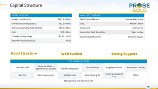 Capital Structure
PROBE GOLD INC.
Market capitalization $243.3 million
Shares outstanding (basic) 162.2 million
Shares outstanding (fully diluted) 175.9 million
Cash ~$22 million
52-week trading range $1.90 - $1.09
Recent Price (29/09/2023) $1.50
TOP SHAREHOLDERS
Eldorado Gold
Caisse de dépôt et
placement du Québec Franklin Templeton
Libra Advisors Kingsley Advisors Investment Quebec
Van Eck Merk Investments Gabelli Funds GAM Holding AG
Fonds de solidarité
FTQ
SIDEX
Management and Directors (7%)
15
ANALYST COVERAGE
BMO Capital Markets Andrew Mikitchook
CIBC Allison Carson
Canaccord Jeremy Hoy
Laurentian Bank Securities Ryan Hanley
Sprott Capital Partners Brandon Gaspar
Good Structure Strong Support
Well Funded
 