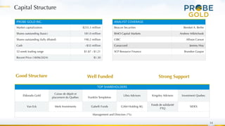 Capital Structure
PROBE GOLD INC.
Market capitalization $235.3 million
Shares outstanding (basic) 181.0 million
Shares outstanding (fully diluted) 190.2 million
Cash ~$32 million
52-week trading range $1.87 - $1.21
Recent Price (18/06/2024) $1.30
TOP SHAREHOLDERS
Eldorado Gold
Caisse de dépôt et
placement du Québec Franklin Templeton
Libra Advisors Kingsley Advisors Investment Quebec
Van Eck Merk Investments Gabelli Funds GAM Holding AG
Fonds de solidarité
FTQ
SIDEX
Management and Directors (7%)
14
ANALYST COVERAGE
Beacon Securities Bereket A. Berhe
BMO Capital Markets Andrew Mikitchook
CIBC Allison Carson
Canaccord Jeremy Hoy
SCP Resource Finance Brandon Gaspar
Good Structure Strong Support
Well Funded
 