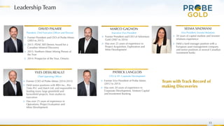 Leadership Team
15
DAVID PALMER
President, Chief Executive Officer and Director
MARCO GAGNON
Executive Vice President
PATRICK LANGLOIS
CFO & VP, Corporate Development
▷ Former President and CEO of Adventure
Gold (2007 to 2016)
▷ Has over 25 years of experience in
Project Acquisition, Exploration and
Mine Development
▷ Former President and CEO of Probe Mines
(2003 to 2015)
▷ 2015: PDAC Bill Dennis Award for a
Canadian Mineral Discovery
▷ 2015: Northern Miner Mining Person of
the Year
▷ 2014: Prospector of the Year, Ontario
▷ Former Vice President of Probe Mines
(2012 to 2015)
▷ Has over 20 years of experience in
Corporate Development, Venture Capital
and Investment Banking
YVES DESSUREAULT
Chief Operating Officer
▷ Former COO of Probe Mines (2014-2015)
▷ Held senior positions with BBA Inc., Rio
Tinto PLC and Hatch Ltd. and responsible for
leading many large greenfield and
brownfield projects, from studies to
execution
▷ Has over 25 years of experience in
Operations, Project Evaluation and
Mine Development
SEEMA SINDWANI
Vice President, Investor Relations
▷ 20 years of capital markets and investor
relations experience
▷ Held a fund manager position with a
European asset management company
and senior positions at several Canadian
investment banks
Team with Track Record of
making Discoveries
 
