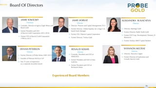 Board Of Directors
16
JAMIE SOKALSKY
Chairman
▷ Currently, Director of Agnico Eagle Mines and
Royal Gold
▷ Former President and CEO
of Barrick Gold Corporation (2012-2014)
▷ Former CFO of Barrick Gold Corporation
(1999 to 2012)
▷ Former Director of Probe Mines (2001-2015)
▷ Founder of Peterson McVicar LLP
▷ Has 25 years of experience
as a corporate securities lawyer
DENNIS PETERSON
Director
JAMIE HORVAT
Director
▷ Director, Pension and Capital Management, P.E.I
▷ Former Director, Global Equities, for a large U.K.
based Asset Manager
▷ Former CIO, Oberon Capital Corporation
▷ Former Director, Troilus Gold
ALEKSANDRA BUKACHEVA
Director
▷ Director, Montage Gold
▷ Former Director, Battle North Gold
▷ Former EVP Corp. Development Element 29
Resources
▷ Former Analyst, BMO Capital Markets
▷ Currently, President and CEO of
IAMGOLD
▷ Former President and CEO of New
Gold Inc.
▷ Former President and CEO of
Richmont Mines
RENAUD ADAMS
Director
Experienced Board Members
SHANNON MCCRAE
Director
▷ Director, Atacama Copper
▷ Former Director of Exploration and
Growth, Barrick Gold
 