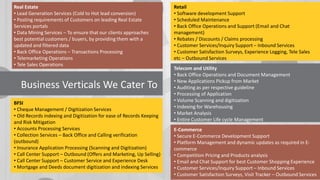 Business Verticals We Cater To
BFSI
• Cheque Management / Digitization Services
• Old Records indexing and Digitization for ease of Records Keeping
and Risk Mitigation
• Accounts Processing Services
• Collection Services – Back Office and Calling verification
(outbound)
• Insurance Application Processing (Scanning and Digitization)
• Call Center Support – Outbound (Offers and Marketing, Up Selling)
• Call Center Support – Customer Service and Experience Desk
• Mortgage and Deeds document digitization and indexing Services
Real Estate
• Lead Generation Services (Cold to Hot lead conversion)
• Posting requirements of Customers on leading Real Estate
Services portals
• Data Mining Services – To ensure that our clients approaches
best potential customers / buyers, by providing them with a
updated and filtered data
• Back Office Operations – Transactions Processing
• Telemarketing Operations
• Tele Sales Operations
Telecom and Utility
• Back Office Operations and Document Management
• New Applications Pickup from Market
• Auditing as per respective guideline
• Processing of Application
• Volume Scanning and digitization
• Indexing for Warehousing
• Market Analysis
• Entire Customer Life cycle Management
E-Commerce
• Secure E-Commerce Development Support
• Platform Management and dynamic updates as required in E-
commerce
• Competition Pricing and Products analysis
• Email and Chat Support for best Customer Shopping Experience
• Customer Services/Inquiry Support – Inbound Services
• Customer Satisfaction Surveys, Visit Tracker – Outbound Services
Retail
• Software development Support
• Scheduled Maintenance
• Back Office Operations and Support (Email and Chat
management)
• Rebates / Discounts / Claims processing
• Customer Services/Inquiry Support – Inbound Services
• Customer Satisfaction Surveys, Experience Logging, Tele Sales
etc – Outbound Services
 