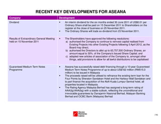 (16)
Company Development
Dividend An interim dividend for the six months ended 30 June 2011 of US$0.01 per
Ordinary Share shall be paid on 15 December 2011 to Shareholders on the
register at the close of business on 25 November 2011.
The Ordinary Shares will trade ex-dividend from 23 November 2011.
Results of Extraordinary General Meeting
held on 15 November 2011
The Shareholders have approved the following resolutions:
a) authorised the Company to continue to reinvest capital realised from
Existing Projects into other Existing Projects following 5 April 2012, as the
Board may direct;
b) authorised the Directors to allot up to 63,757,500 Ordinary Shares, an
amount equal to 30%. of the Company's Issued Share Capital; and
c) adopted new articles of association of the Company to, amongst other
things, add provisions to allow for all lawful distributions to be capitalised
Guaranteed Medium Term Notes
Programme
Aseana has successfully raised debt financing through a 10-year Guaranteed
Medium Term Notes Programme of up to about US$162 million (RM515.0
million) to be issued in Malaysia
The proceeds raised will be utilised to refinance the existing term loan for the
Four Points by Sheraton Sandakan Hotel and the Harbour Mall Sandakan and
to part finance the acquisition of the Aloft Kuala Lumpur Sentral hotel, all
properties located in Malaysia.
The Rating Agency Malaysia Berhad has assigned a long-term rating of
AAA(fg)/AAA(bg) with a stable outlook, reflecting the unconditional and
irrevocable guarantees by Danajamin Nasional Berhad, Malayan Banking
Berhad and OCBC Bank (Malaysia) Berhad
RECENT KEY DEVELOPMENTS FOR ASEANA
 