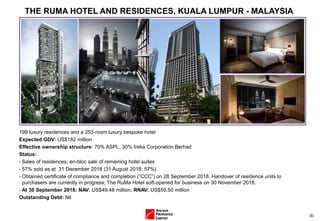 (6)
THE RUMA HOTEL AND RESIDENCES, KUALA LUMPUR - MALAYSIA
199 luxury residences and a 253-room luxury bespoke hotel
Expected GDV: US$182 million
Effective ownership structure: 70% ASPL, 30% Ireka Corporation Berhad
Status:
- Sales of residences; en-bloc sale of remaining hotel suites
- 57% sold as at 31 December 2018 (31 August 2018: 57%)
- Obtained certificate of compliance and completion (“CCC”) on 28 September 2018. Handover of residence units to
purchasers are currently in progress; The RuMa Hotel soft-opened for business on 30 November 2018.
- At 30 September 2018: NAV: US$49.48 million; RNAV: US$59.50 million
Outstanding Debt: Nil
 