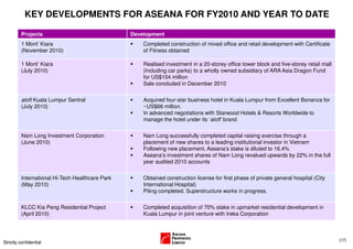 KEY DEVELOPMENTS FOR ASEANA FOR FY2010 AND YEAR TO DATE

         Projects                                Development
         1 Mont’ Kiara                               Completed construction of mixed office and retail development with Certificate
         (November 2010)                             of Fitness obtained

         1 Mont’ Kiara                               Realised investment in a 20-storey office tower block and five-storey retail mall
         (July 2010)                                 (including car parks) to a wholly owned subsidiary of ARA Asia Dragon Fund
                                                     for US$104 million
                                                     Sale concluded in December 2010

         aloft Kuala Lumpur Sentral                  Acquired four-star business hotel in Kuala Lumpur from Excellent Bonanza for
         (July 2010)                                 ~US$66 million.
                                                     In advanced negotiations with Starwood Hotels & Resorts Worldwide to
                                                     manage the hotel under its ‘aloft’ brand

         Nam Long Investment Corporation             Nam Long successfully completed capital raising exercise through a
         (June 2010)                                 placement of new shares to a leading institutional investor in Vietnam
                                                     Following new placement, Aseana’s stake is diluted to 16.4%
                                                     Aseana’s investment shares of Nam Long revalued upwards by 22% in the full
                                                     year audited 2010 accounts


         International Hi-Tech Healthcare Park       Obtained construction license for first phase of private general hospital (City
         (May 2010)                                  International Hospital)
                                                     Piling completed. Superstructure works in progress.


         KLCC Kia Peng Residential Project           Completed acquisition of 70% stake in upmarket residential development in
         (April 2010)                                Kuala Lumpur in joint venture with Ireka Corporation



                                                                                                                                         (17)
Strictly confidential
 