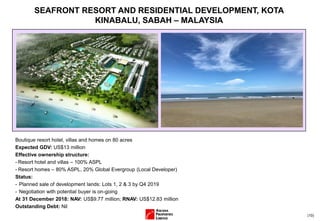 (10)
Boutique resort hotel, villas and homes on 80 acres
Expected GDV: US$13 million
Effective ownership structure:
- Resort hotel and villas – 100% ASPL
- Resort homes – 80% ASPL, 20% Global Evergroup (Local Developer)
Status:
- Planned sale of development lands: Lots 1, 2 & 3 by Q4 2019
- Negotiation with potential buyer is on-going
At 31 December 2018: NAV: US$9.77 million; RNAV: US$12.83 million
Outstanding Debt: Nil
SEAFRONT RESORT AND RESIDENTIAL DEVELOPMENT, KOTA
KINABALU, SABAH – MALAYSIA
 